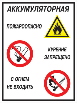 Кз 12 аккумуляторная - пожароопасно. курение запрещено, с огнем не входить. (пластик, 400х600 мм) - Знаки безопасности - Комбинированные знаки безопасности - Магазин охраны труда и техники безопасности stroiplakat.ru